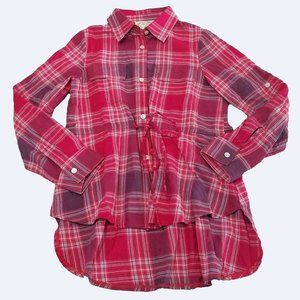 Mia Joy by Joyfolie Pink Purple Plaid Tie Waist Roll Tab Sleeve High Low Top 12